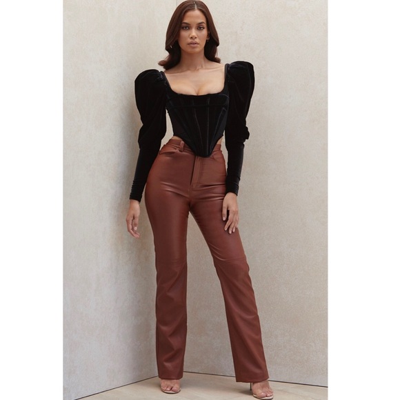 NWT House of CB Inaya Stretch Vegan Leather Trousers in Brown Size Large - Picture 1 of 16